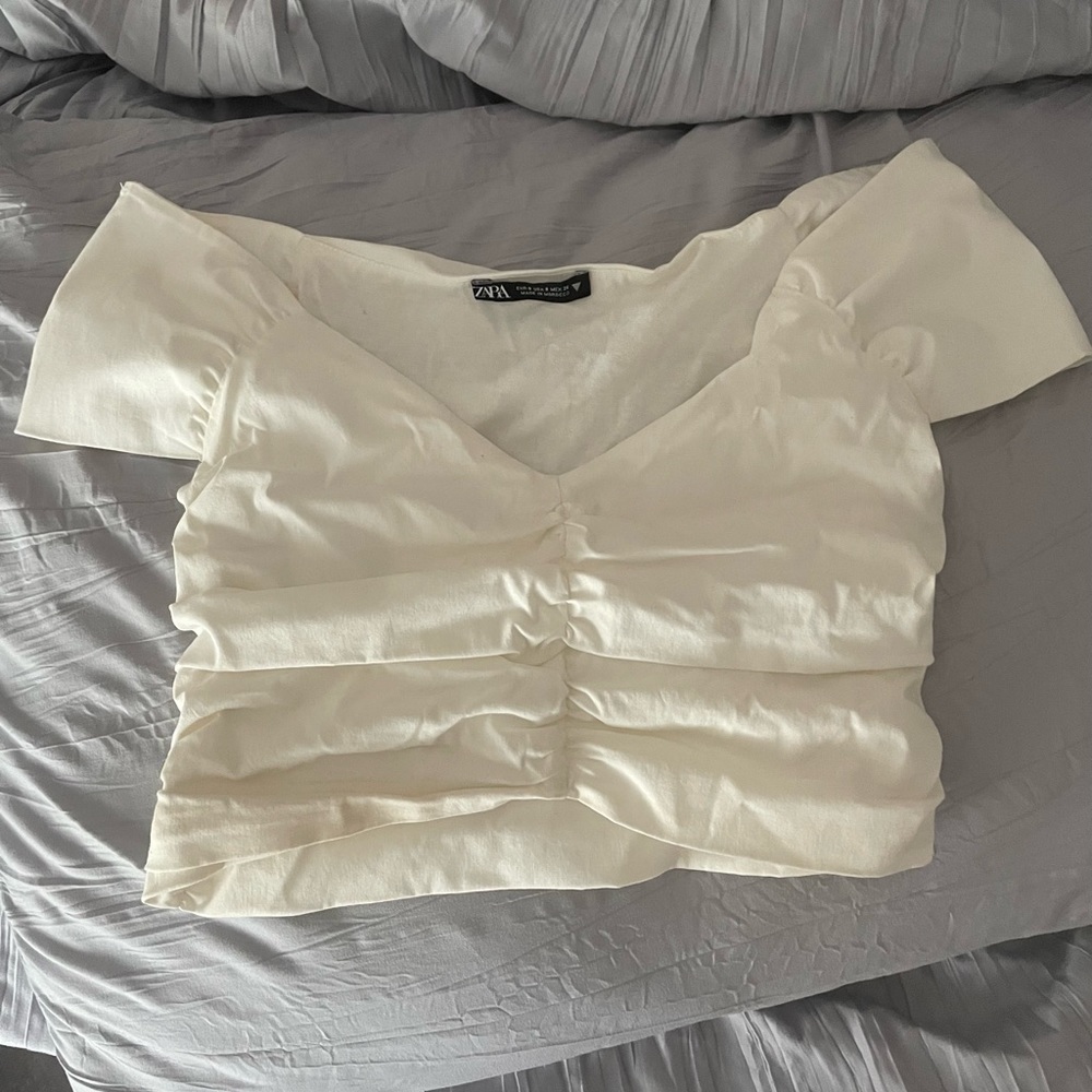 Zara white ruched off the shoulder shirt